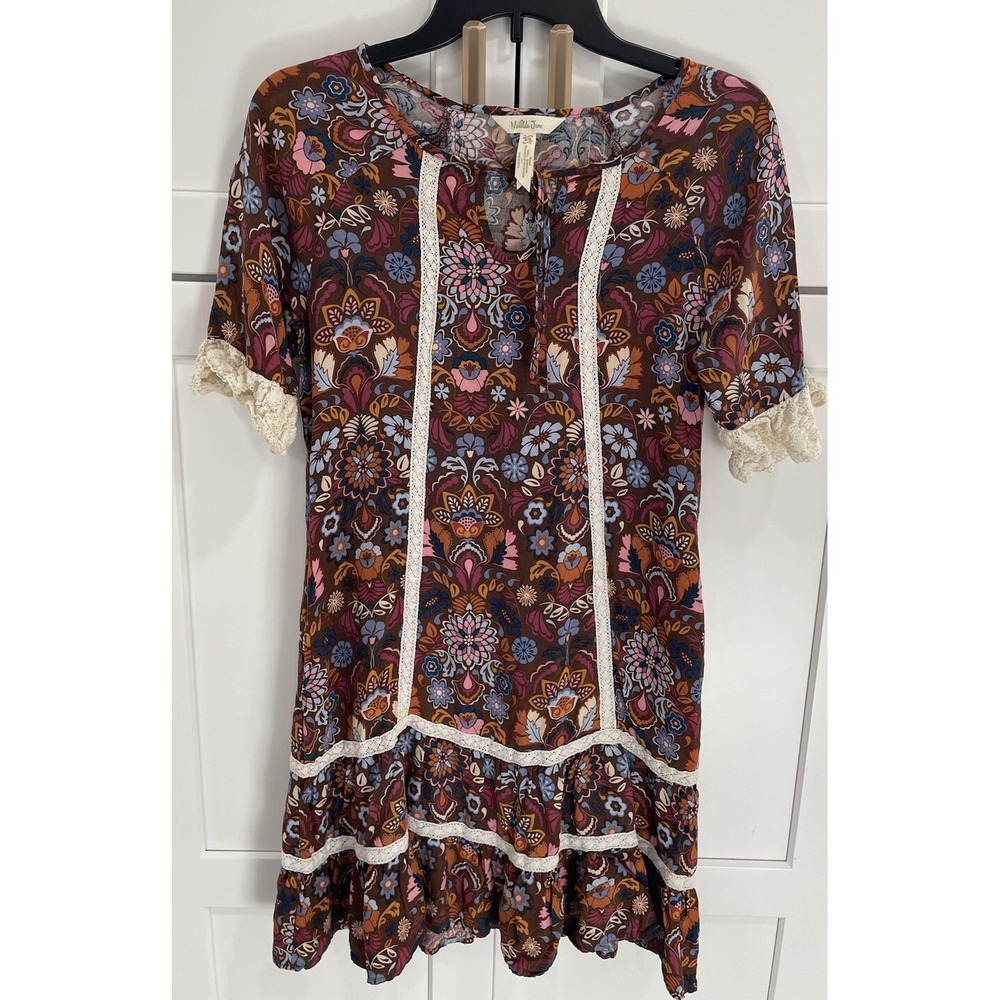 Matilda Jane XS Womens Brown Floral Lace‎ Trim Intermission Boho Dress SI48